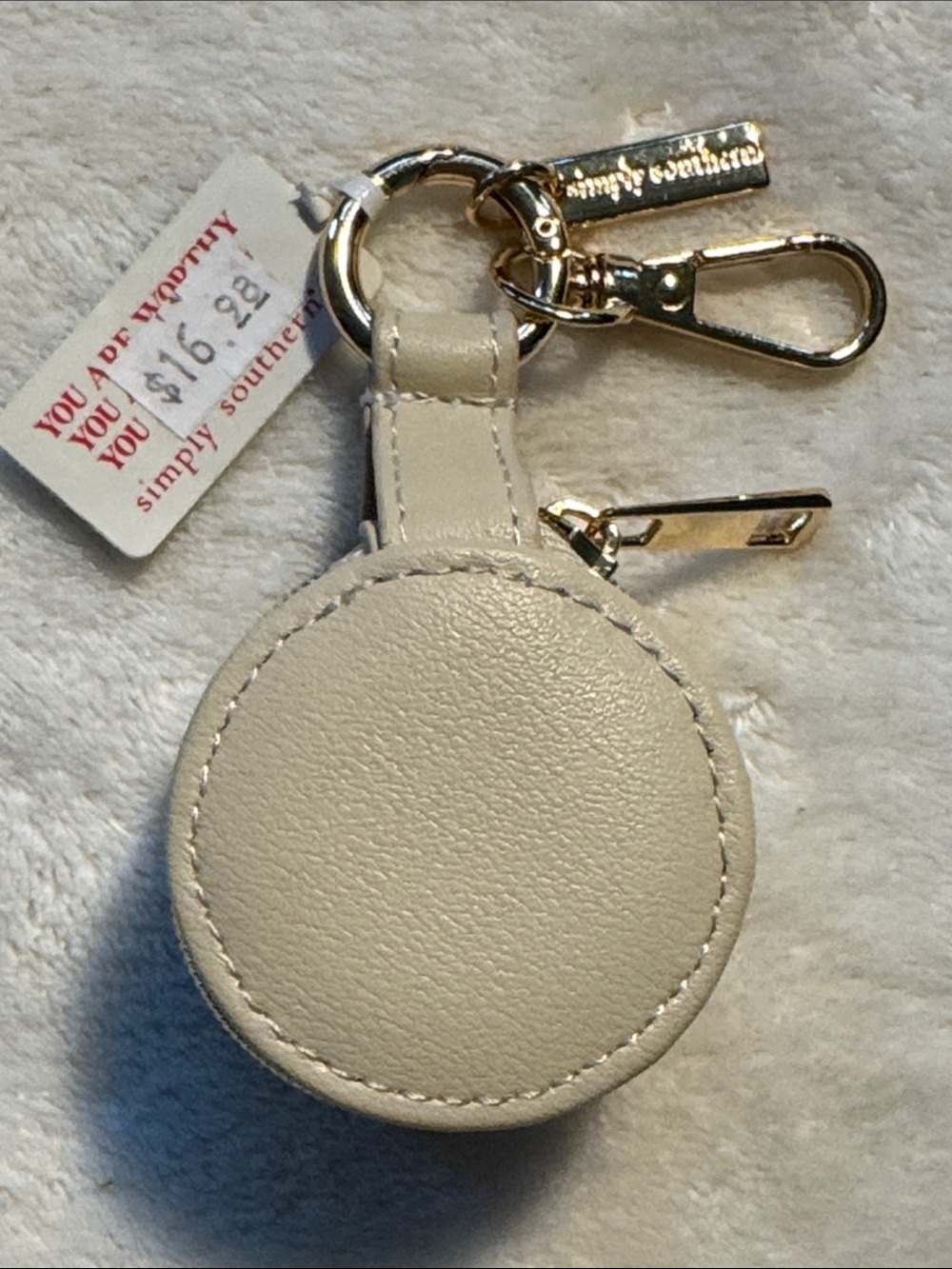 NWT Simply Southern gold tone keychain with tiny zippered cream bag.